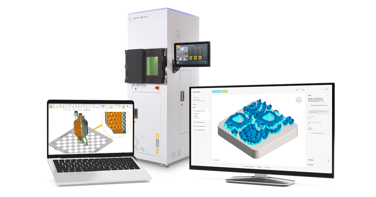 3D printer and two computer screens showing Oqton software