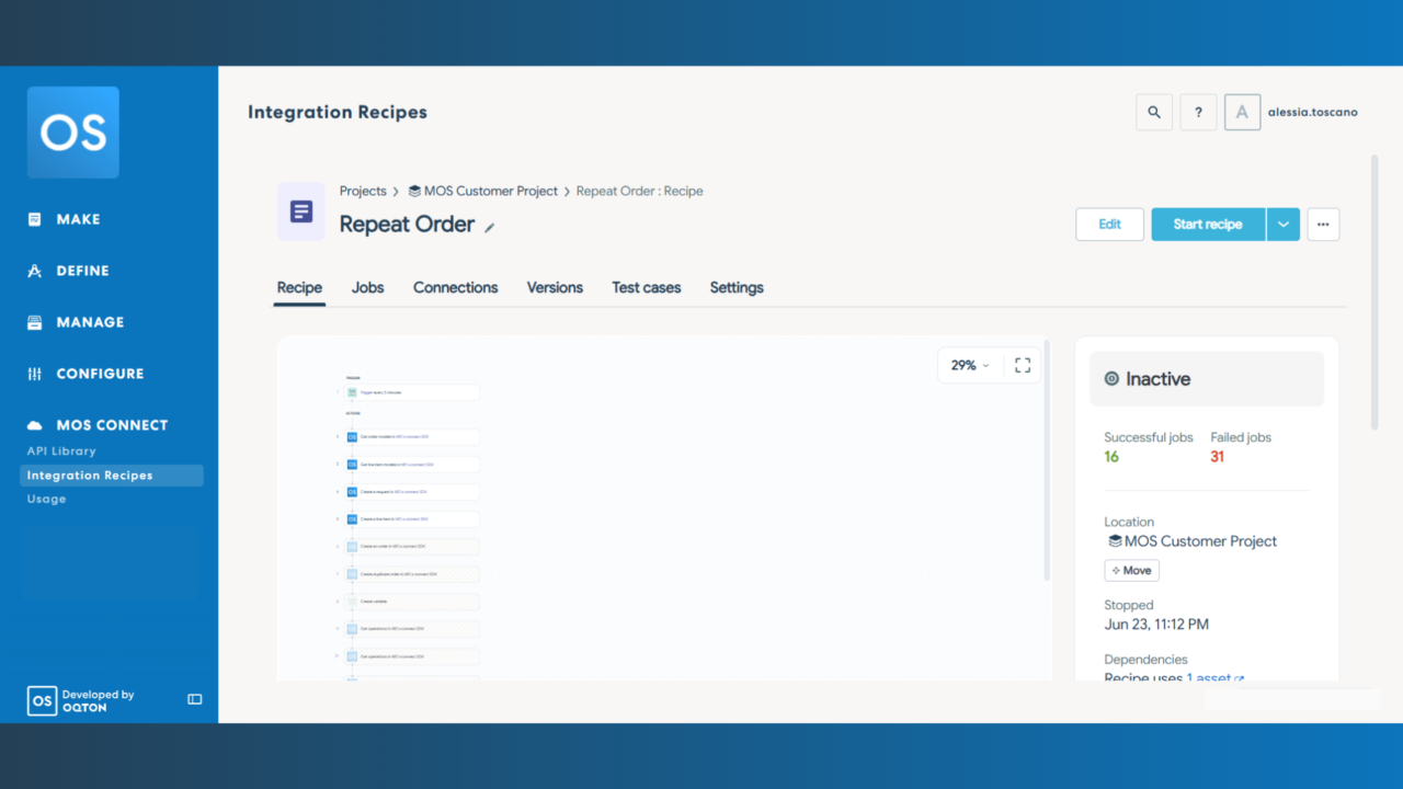 | oqton Screenshot of Oqton's MOS Connect Integration Recipes dashboard