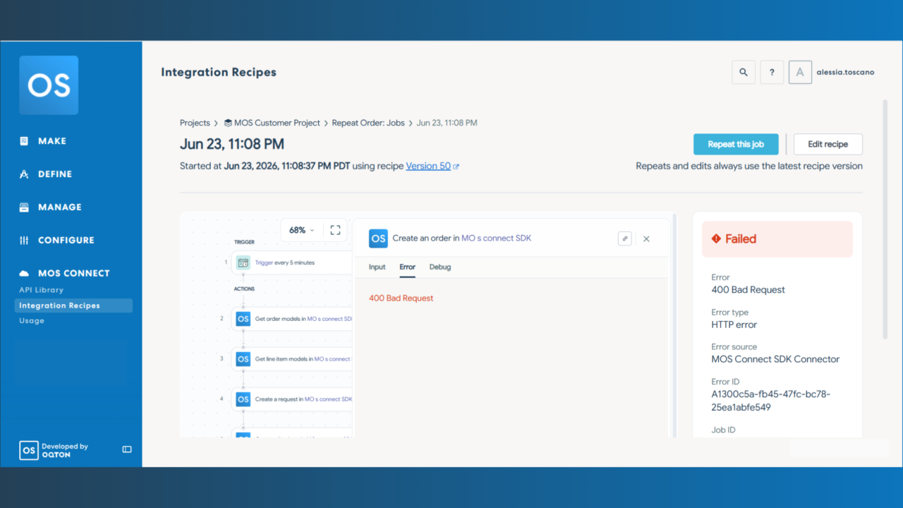 | oqton Screenshot of Integration Recipes with Oqton's MOS Connect