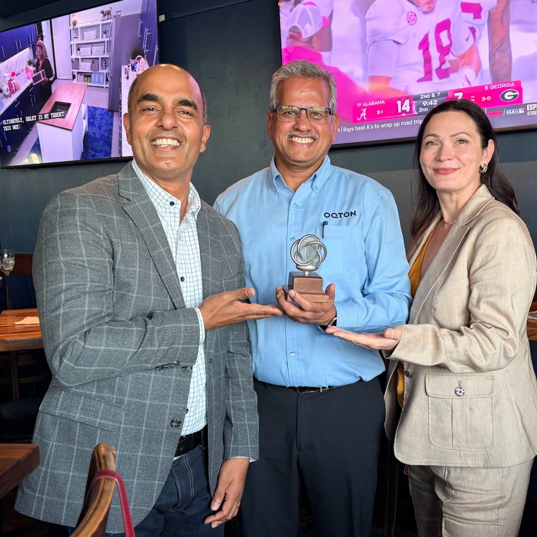 | oqton Pictured Left to Right Steve Lokam Ceo Oqton Sridharan Hariharan Vp of Sales Customer Success Oqton Kristina Sergueeva Corporate Development Oqton Following the Presentation of a Metal 3d printed Trophy at the 2nd Annual Astro inspire Tech Showcase in Destin Florida